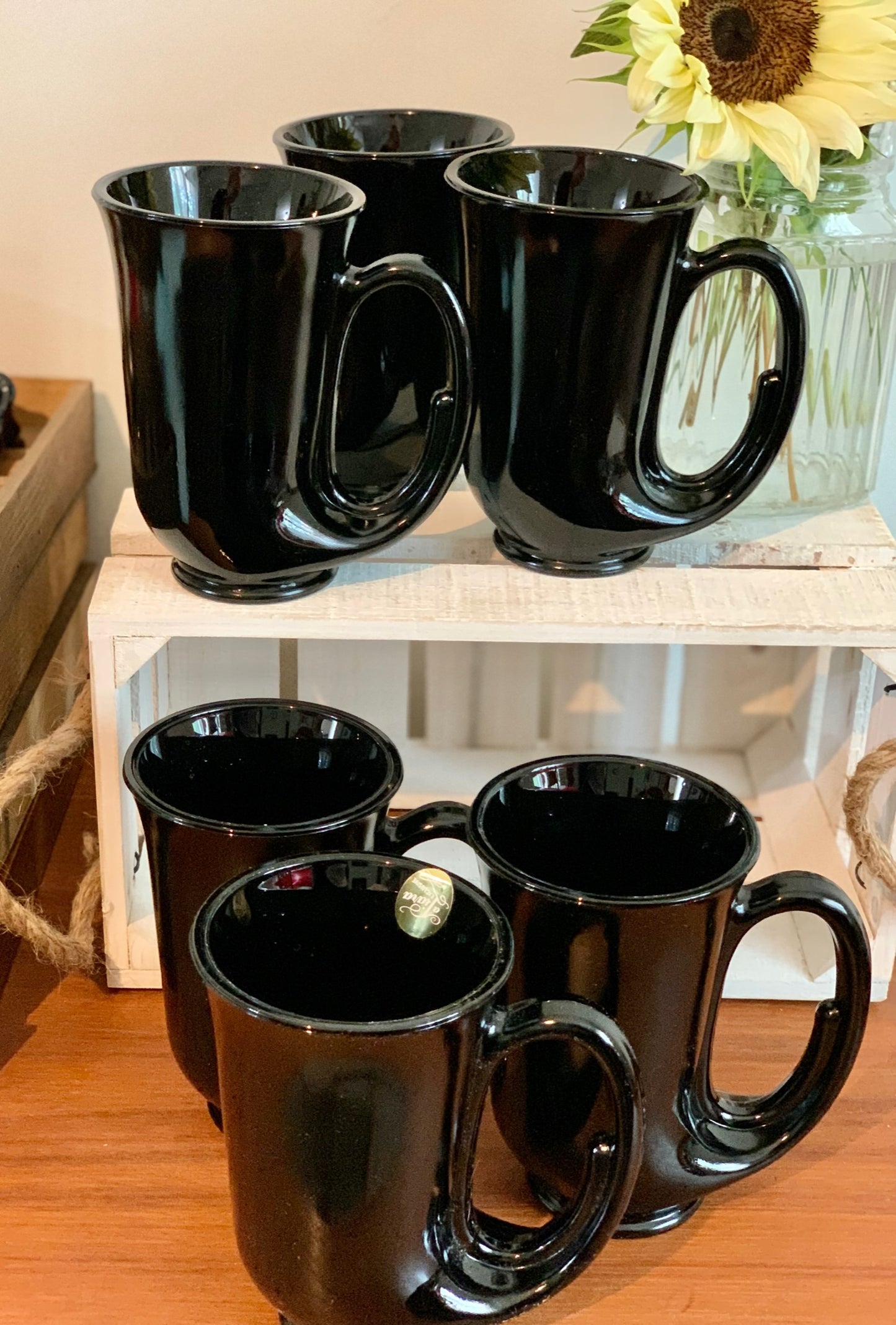 Tiara Exclusive Horn Mug set of 6 IN BOX black Indiana Glass Co. Hunters Horn Mugs IOB "Aunt Dottie's"