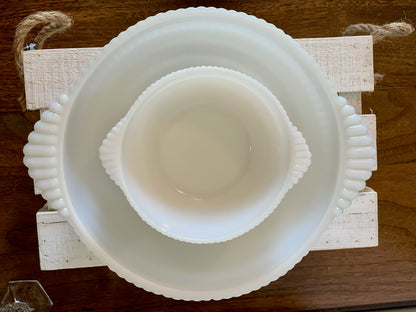 Milk Glass berry or salad bowl tab handled set (OTTV 2887) 1 large, 5 small, 6 total set