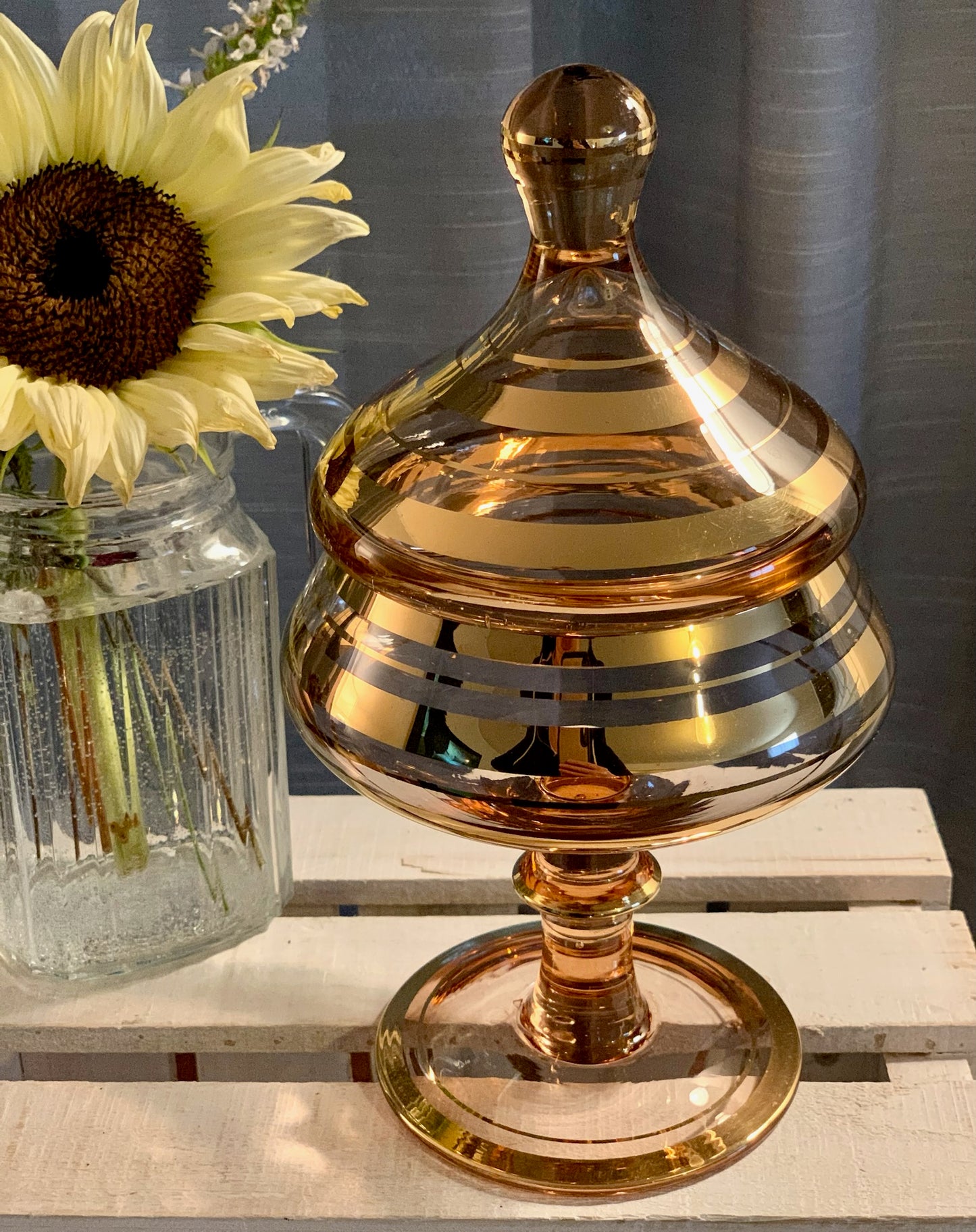 Bohemian Blush Pink & Gold Striped Apothecary jar / Covered Candy dish