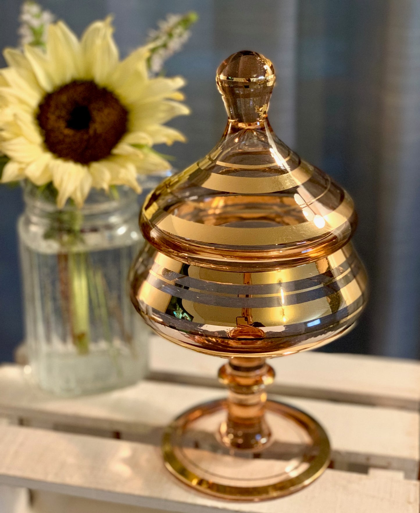 Bohemian Blush Pink & Gold Striped Apothecary jar / Covered Candy dish