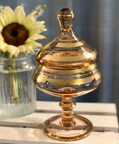 Bohemian Blush Pink & Gold Striped Apothecary jar / Covered Candy dish