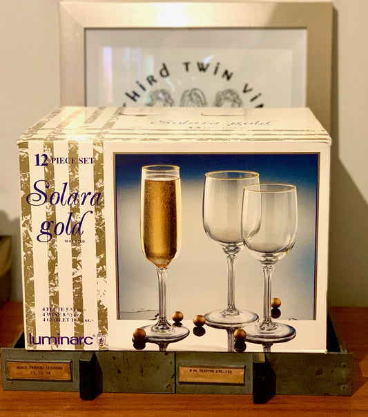 Solara Gold - 18K gold rim champagne, red & white wine glasses (OTTV 2219.1) IOB, 4 of each, sold as a box set