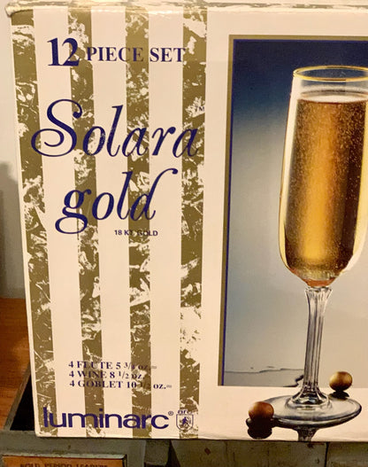 Solara Gold - 18K gold rim champagne, red & white wine glasses (OTTV 2219.1) IOB, 4 of each, sold as a box set