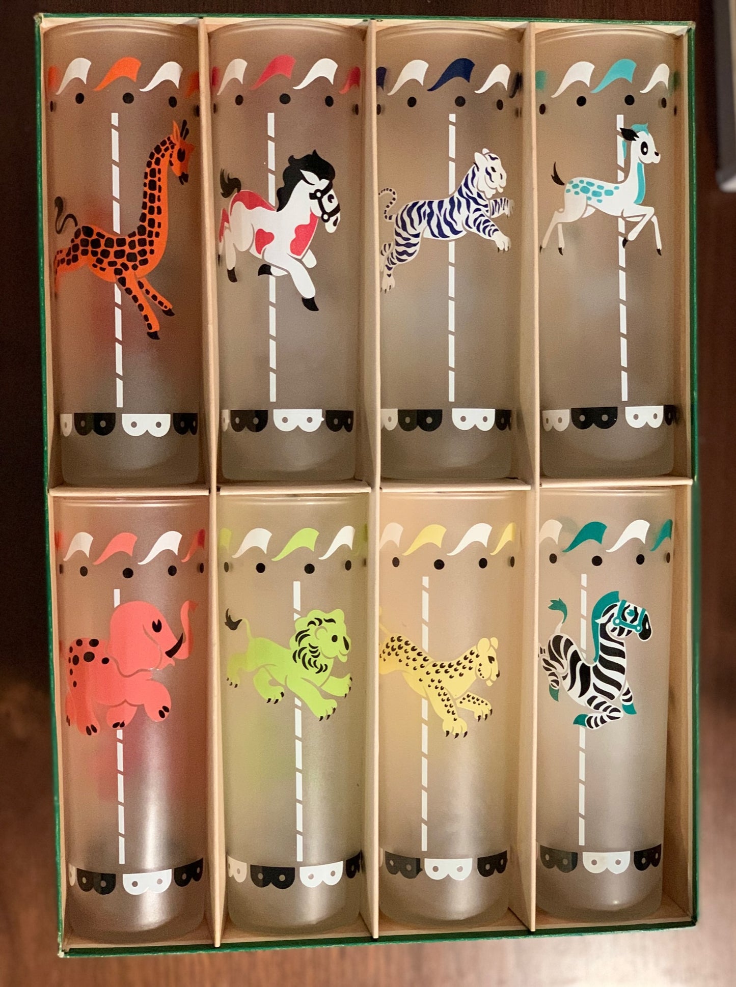 Libbey Everyday Crystal Set Of 8 Merry Go Round Hostess Set Animal Glasses 1950's in box (OTTV 2214) priced as in box set