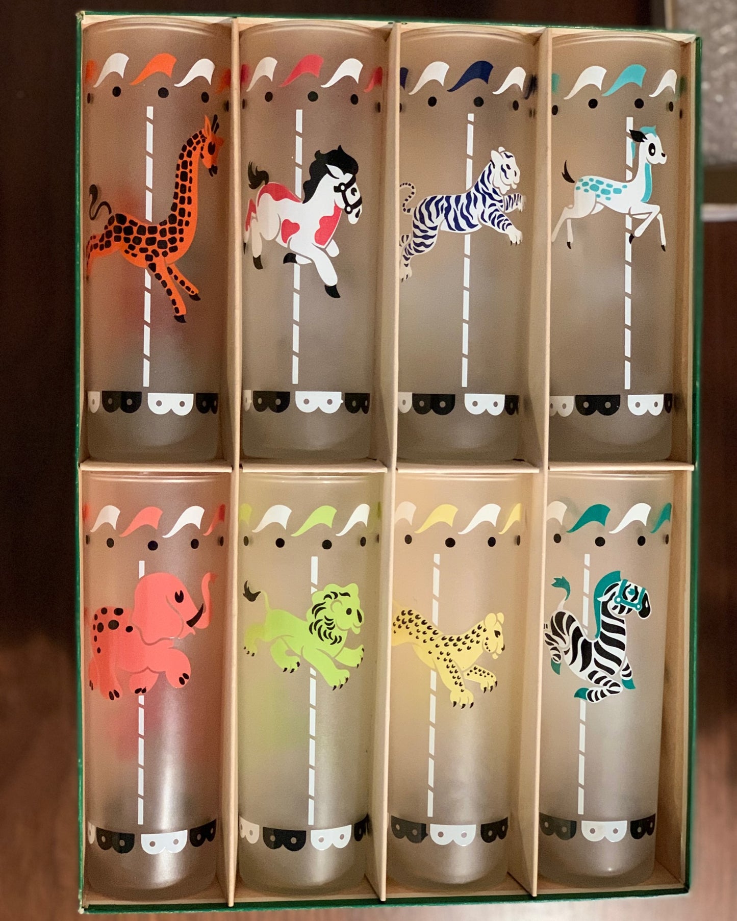 Libbey Everyday Crystal Set Of 8 Merry Go Round Hostess Set Animal Glasses 1950's in box (OTTV 2214) priced as in box set