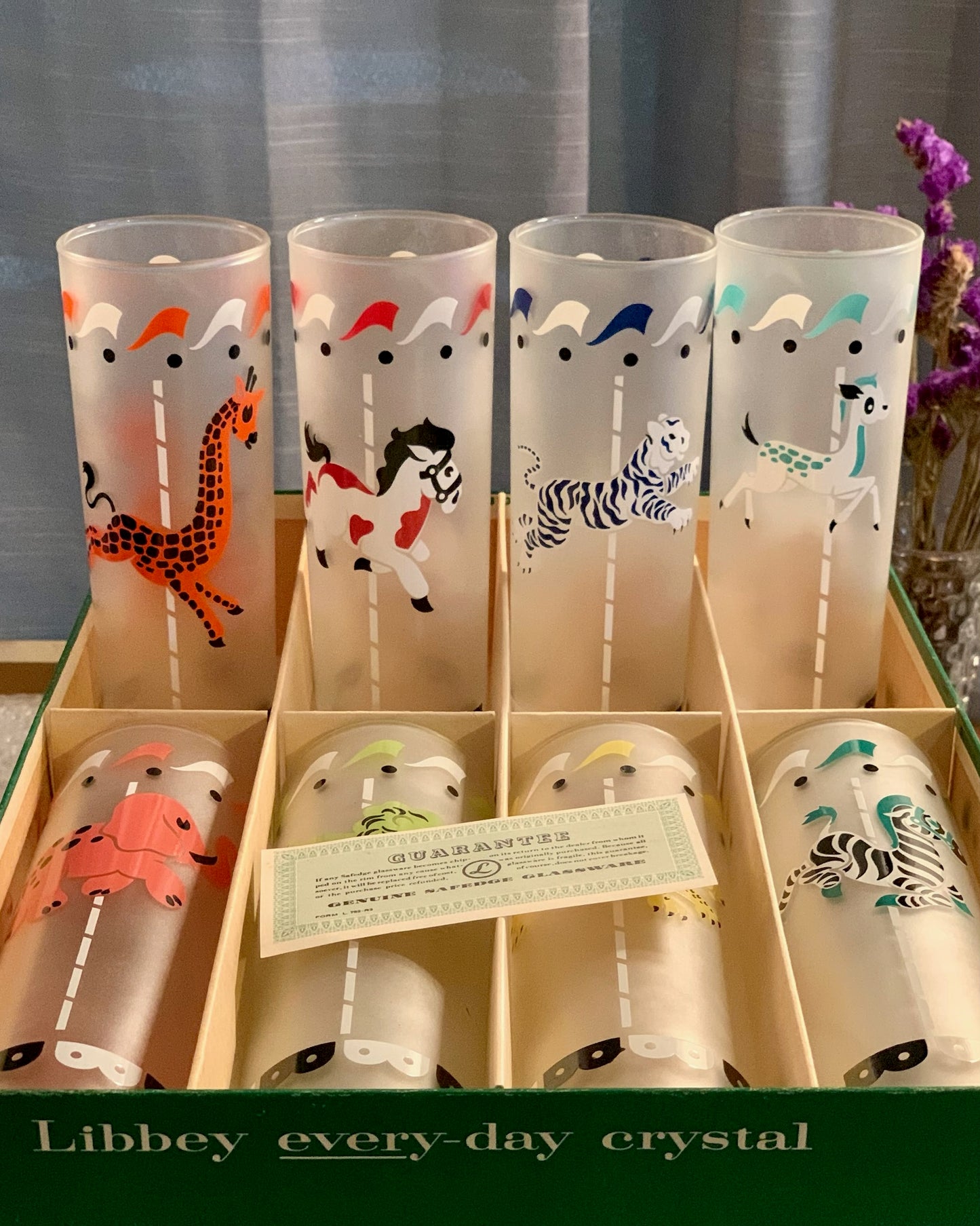 Libbey Everyday Crystal Set Of 8 Merry Go Round Hostess Set Animal Glasses 1950's in box (OTTV 2214) priced as in box set