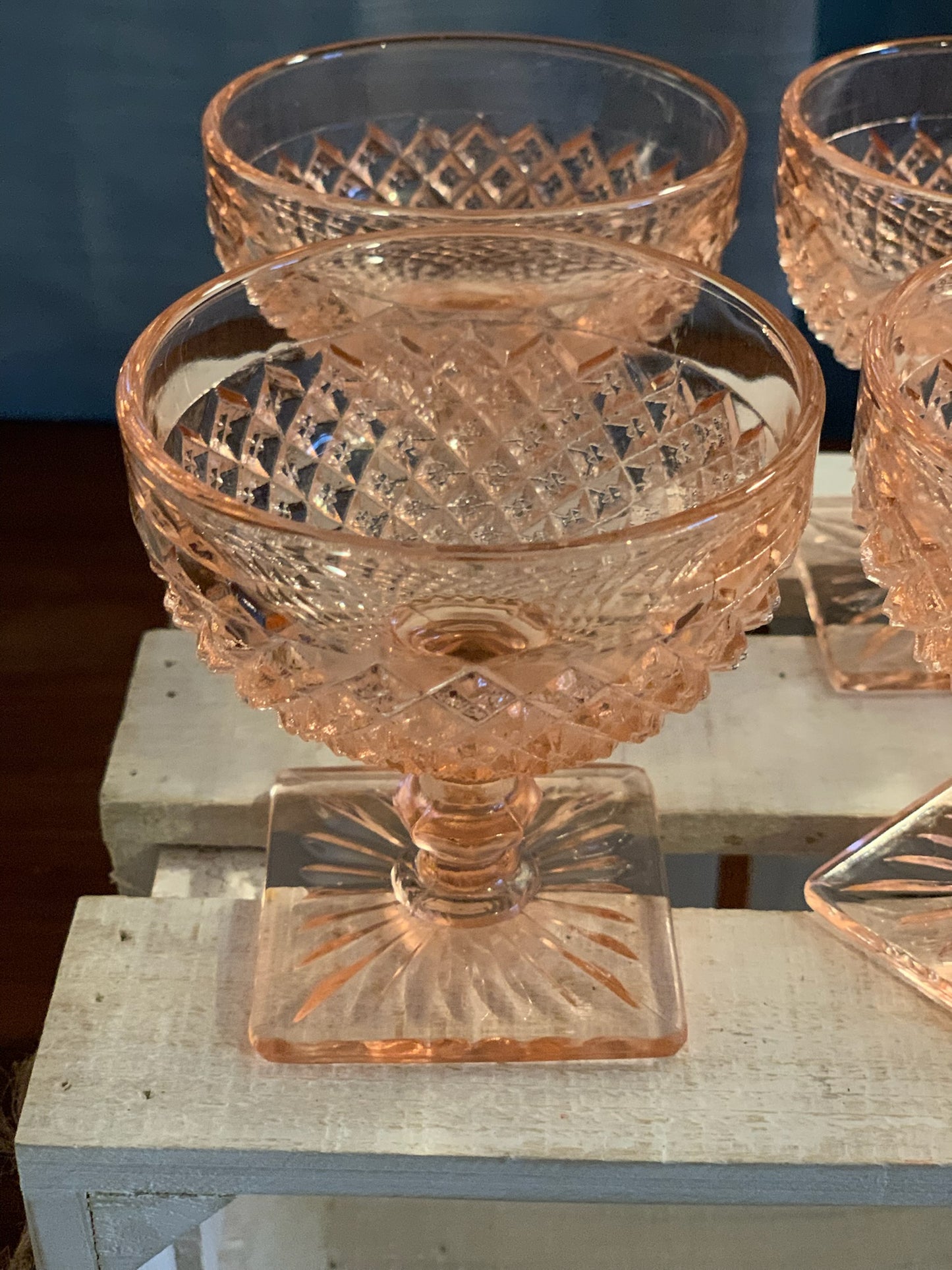 Miss America Pink depression glass sherbet cups / champagne coupe glasses (OTTV 1429) priced individually, 2 available