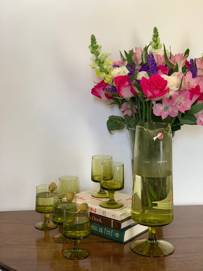 Vintage MCM set: Blown glass olive green cocktail pitcher & 6 green pedestal goblets made in Italy (OTTV 1779)