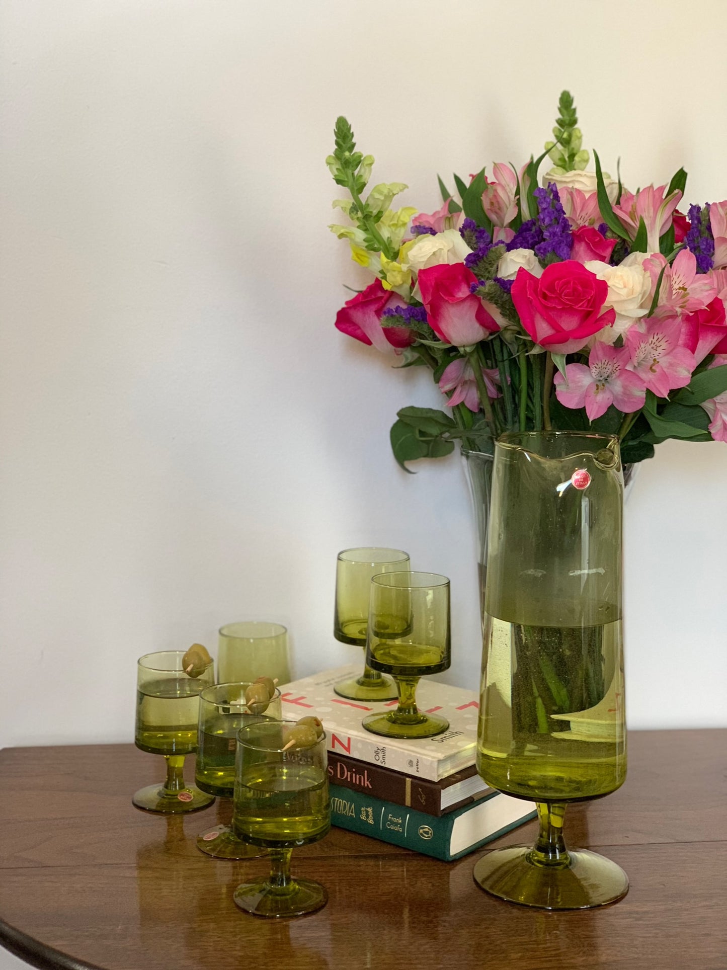 Vintage MCM set: Blown glass olive green cocktail pitcher & 6 green pedestal goblets made in Italy (OTTV 1779)