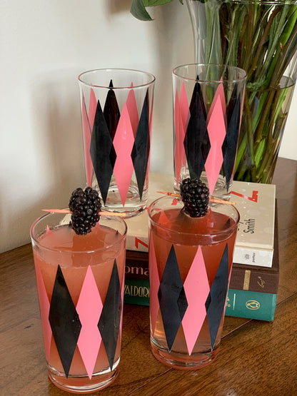 Harlequin Argyle Pink & Black Diamond Glasses, Highball & Juice, priced individually