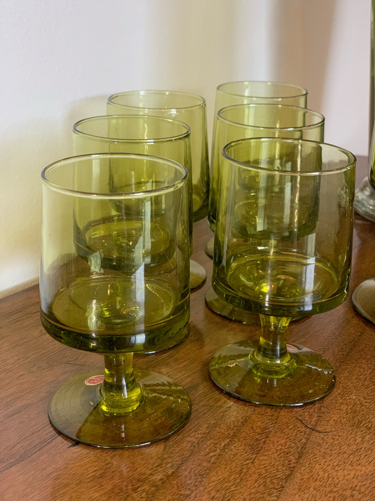 Vintage MCM set: Blown glass olive green cocktail pitcher & 6 green pedestal goblets made in Italy (OTTV 1779)