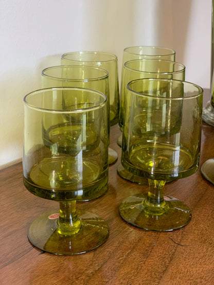 Vintage MCM set: Blown glass olive green cocktail pitcher & 6 green pedestal goblets made in Italy (OTTV 1779)