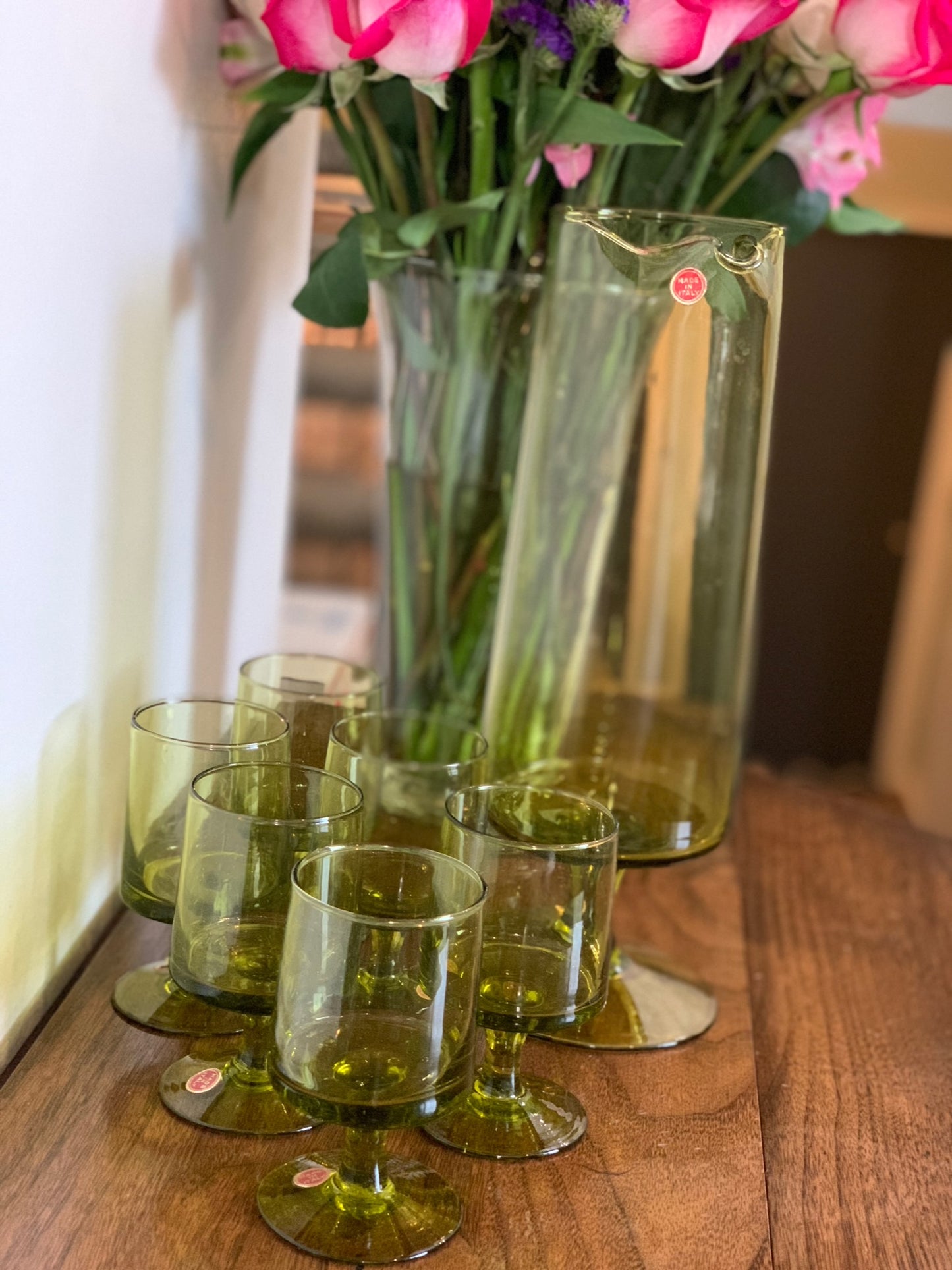 Vintage MCM set: Blown glass olive green cocktail pitcher & 6 green pedestal goblets made in Italy (OTTV 1779)