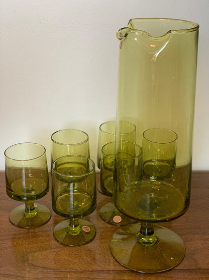 Vintage MCM set: Blown glass olive green cocktail pitcher & 6 green pedestal goblets made in Italy (OTTV 1779)