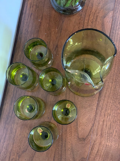 Vintage MCM set: Blown glass olive green cocktail pitcher & 6 green pedestal goblets made in Italy (OTTV 1779)