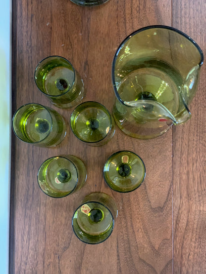 Vintage MCM set: Blown glass olive green cocktail pitcher & 6 green pedestal goblets made in Italy (OTTV 1779)