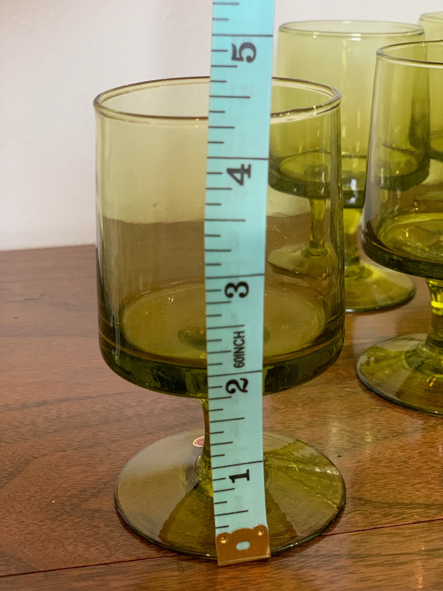 Vintage MCM set: Blown glass olive green cocktail pitcher & 6 green pedestal goblets made in Italy (OTTV 1779)