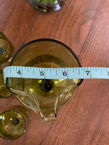 Vintage MCM set: Blown glass olive green cocktail pitcher & 6 green pedestal goblets made in Italy (OTTV 1779)