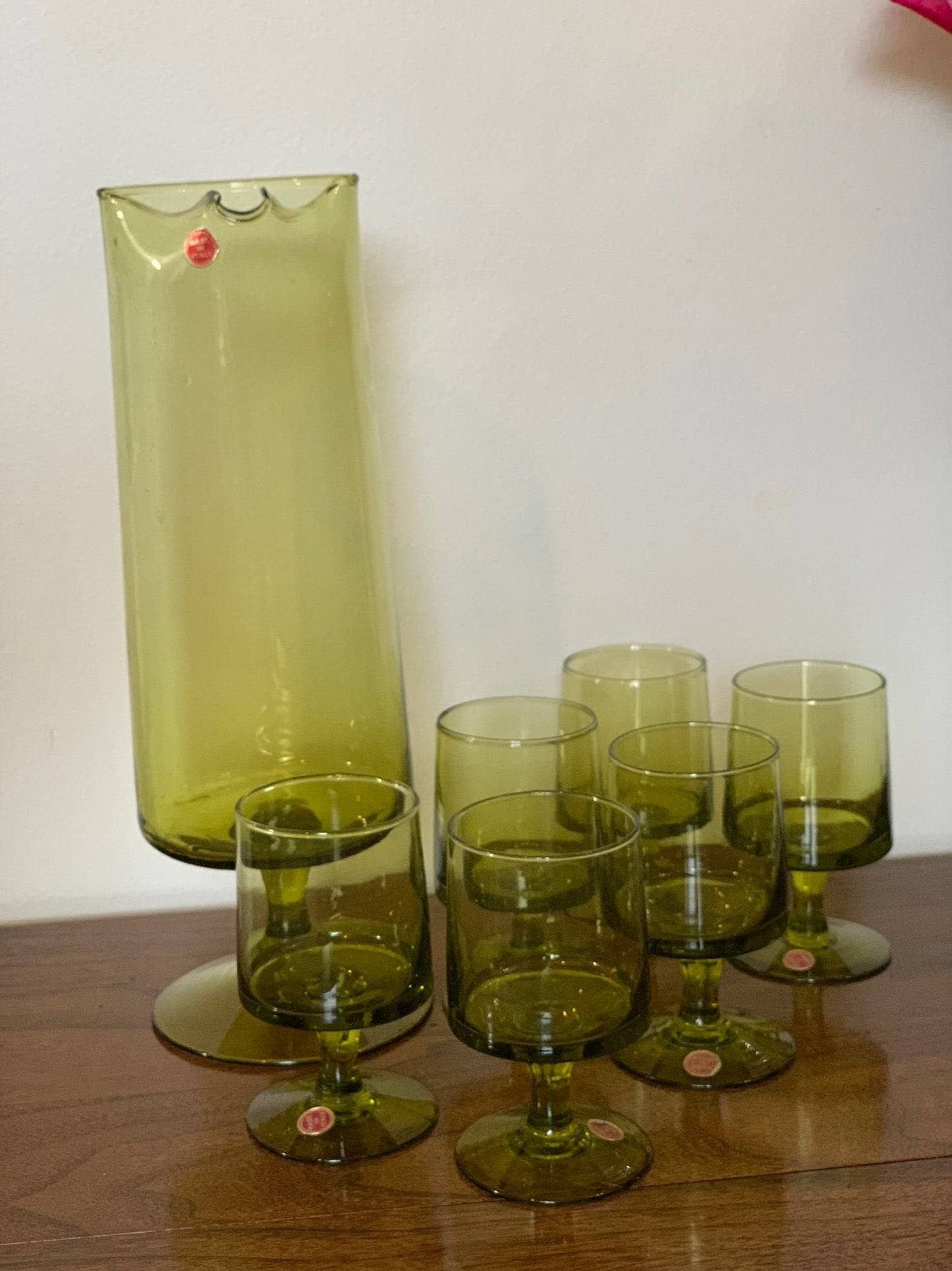 Vintage MCM set: Blown glass olive green cocktail pitcher & 6 green pedestal goblets made in Italy (OTTV 1779)