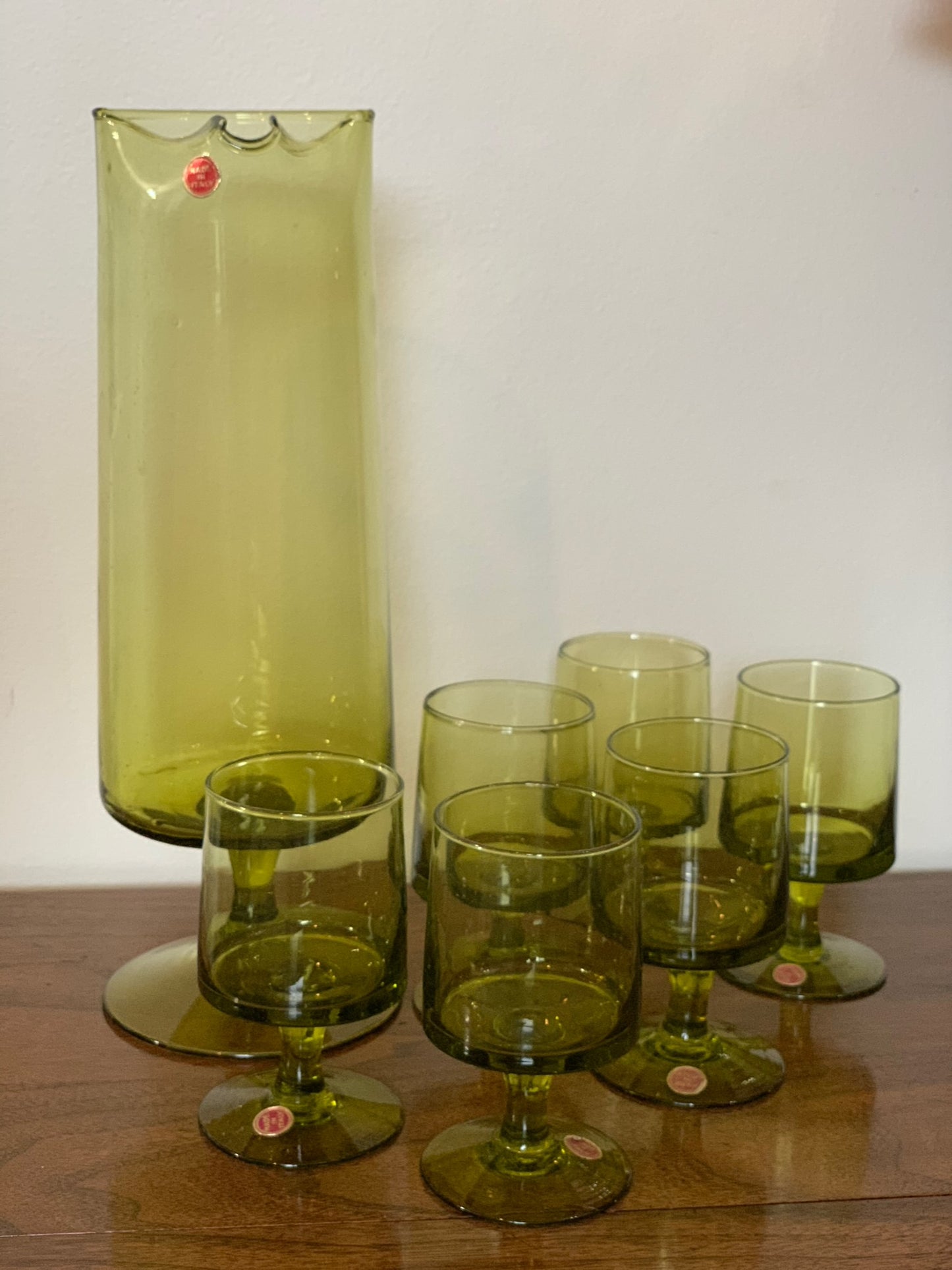 Vintage MCM set: Blown glass olive green cocktail pitcher & 6 green pedestal goblets made in Italy (OTTV 1779)