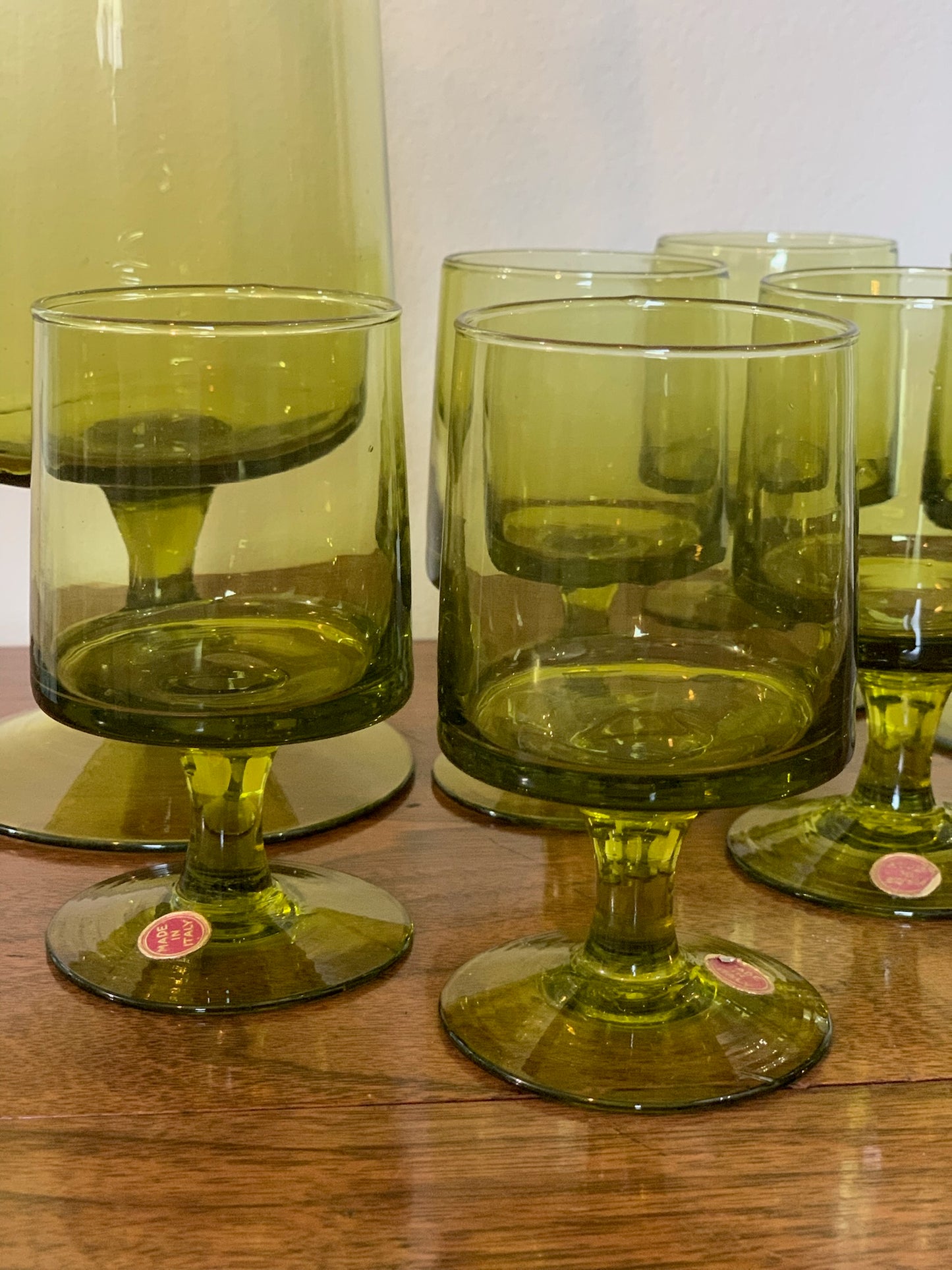 Vintage MCM set: Blown glass olive green cocktail pitcher & 6 green pedestal goblets made in Italy (OTTV 1779)