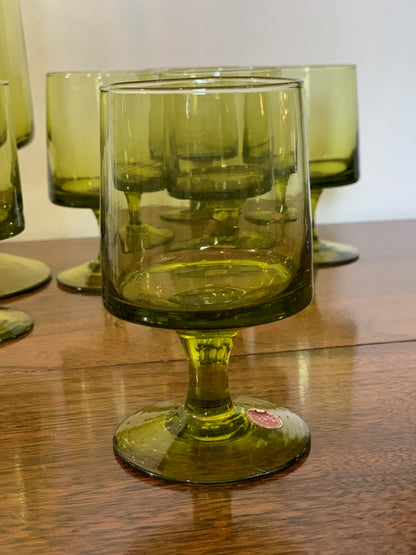 Vintage MCM set: Blown glass olive green cocktail pitcher & 6 green pedestal goblets made in Italy (OTTV 1779)