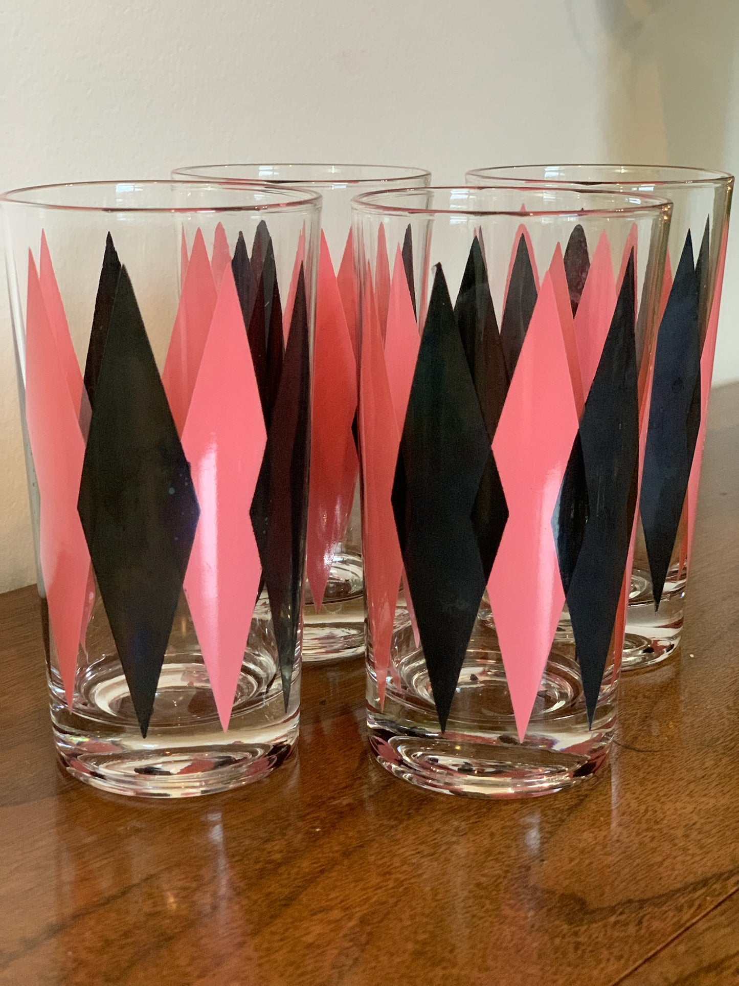 Harlequin Argyle Pink & Black Diamond Glasses, Highball & Juice, priced individually