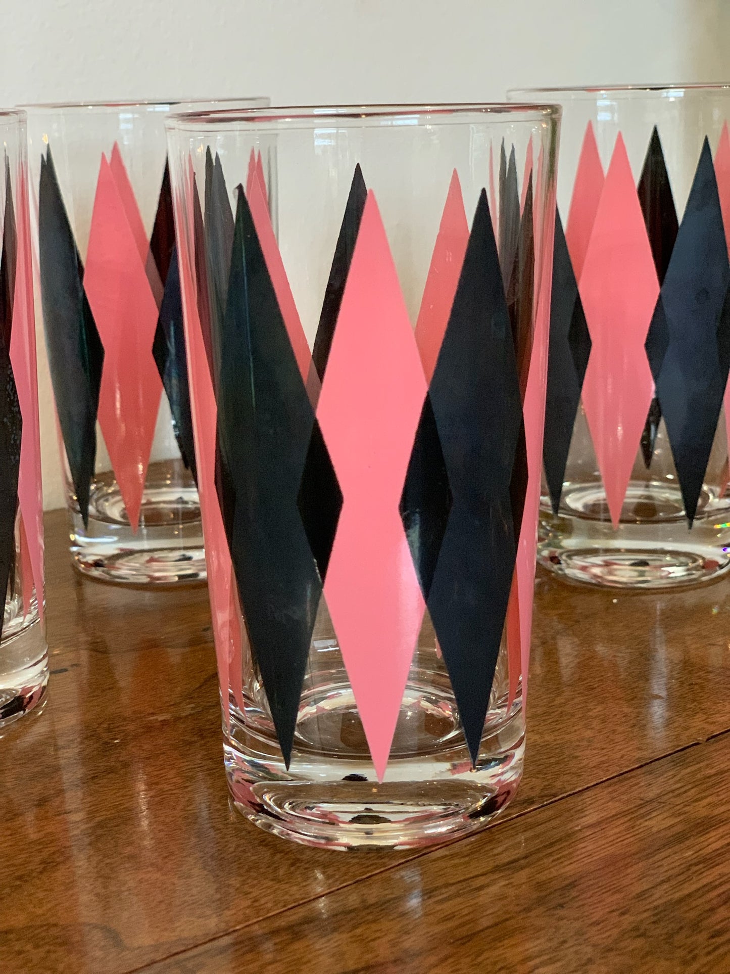 Harlequin Argyle Pink & Black Diamond Glasses, Highball & Juice, priced individually