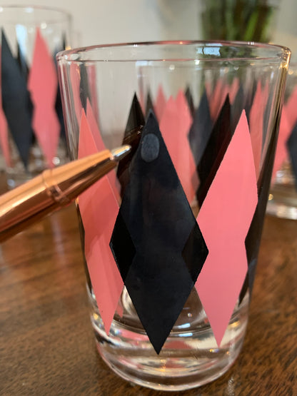 Harlequin Argyle Pink & Black Diamond Glasses, Highball & Juice, priced individually