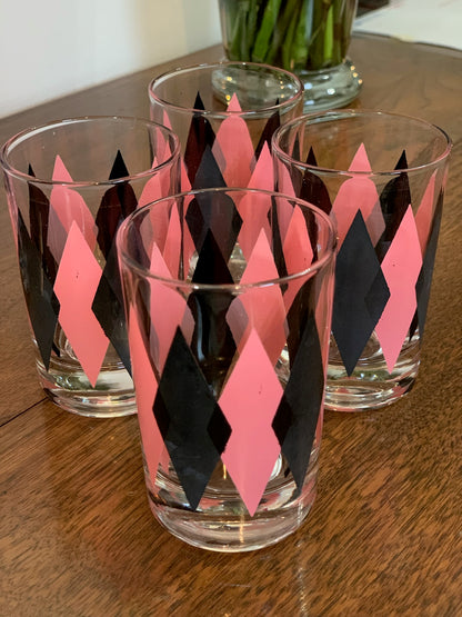 Harlequin Argyle Pink & Black Diamond Glasses, Highball & Juice, priced individually