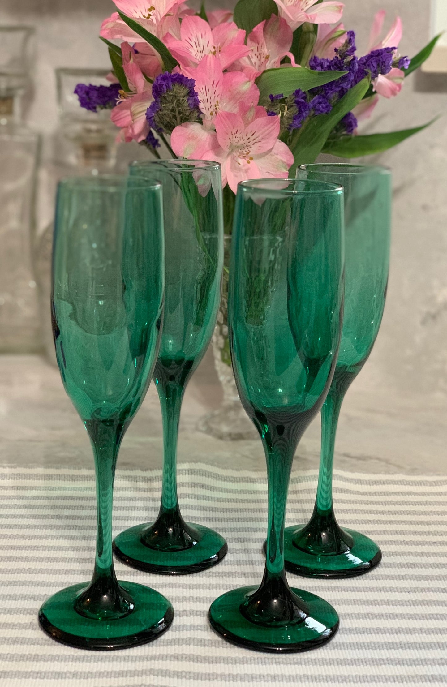 Libbey Crystal Premiere Dark Green "Juniper Green" 1970s Champagne Flutes (OTTV 1395) Priced individually