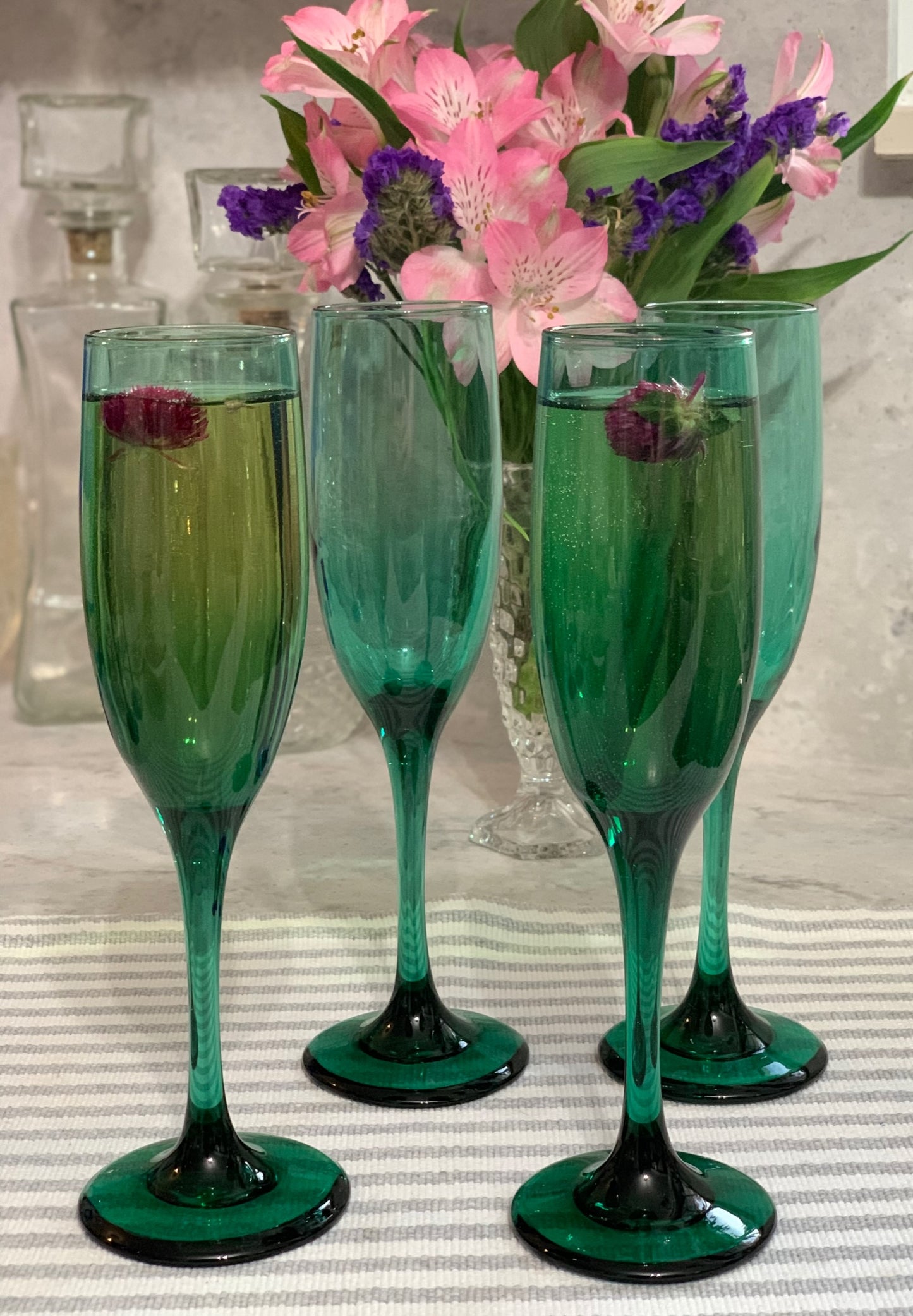 Libbey Crystal Premiere Dark Green "Juniper Green" 1970s Champagne Flutes (OTTV 1395) Priced individually