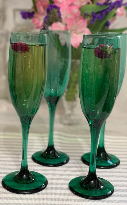 Libbey Crystal Premiere Dark Green "Juniper Green" 1970s Champagne Flutes (OTTV 1395) Priced individually