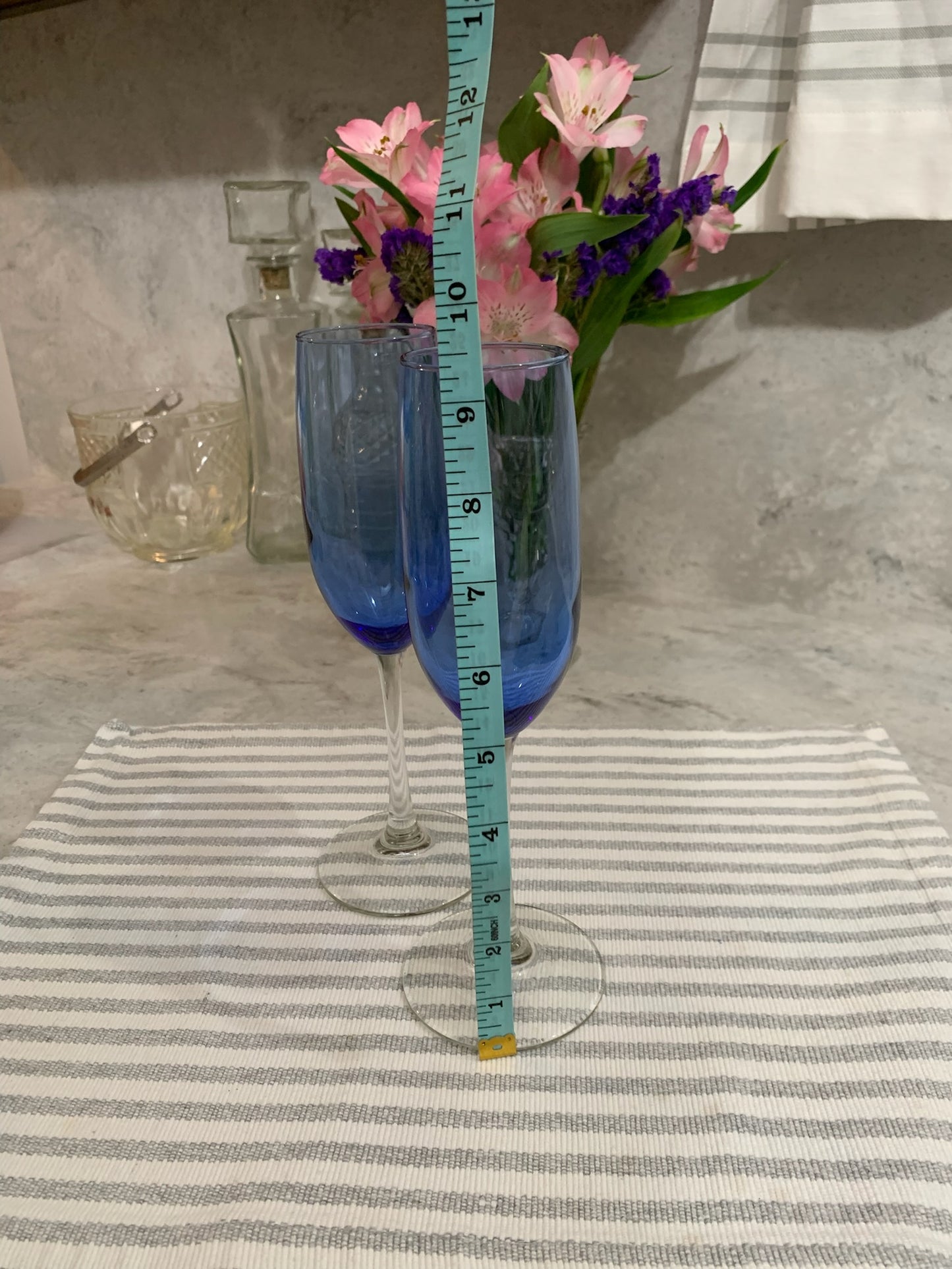 blue champagne flutes with clear stems set of 2 (1327)