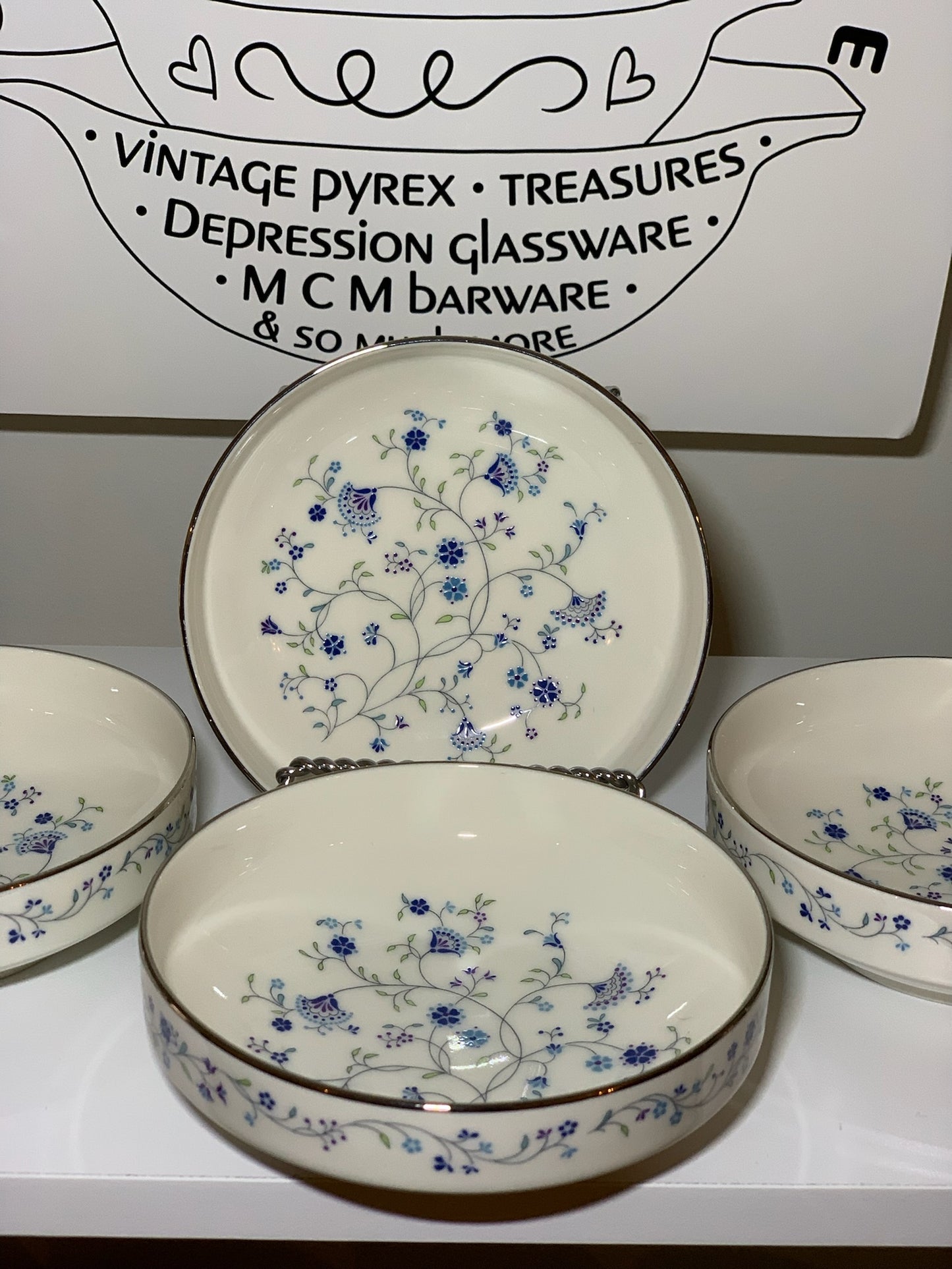 Noritake Serene garden blue floral silver rim bowls, priced individually, 4 available