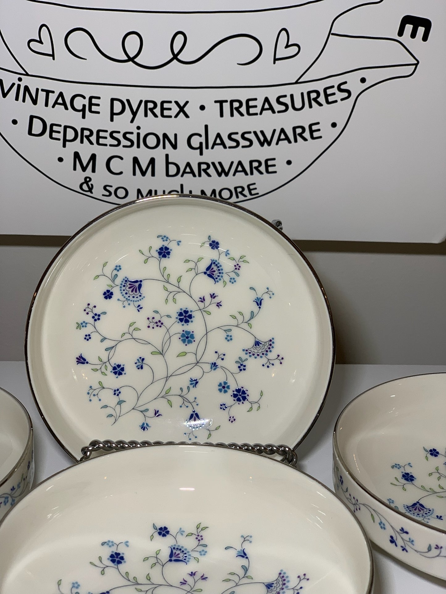 Noritake Serene garden blue floral silver rim bowls, priced individually, 4 available