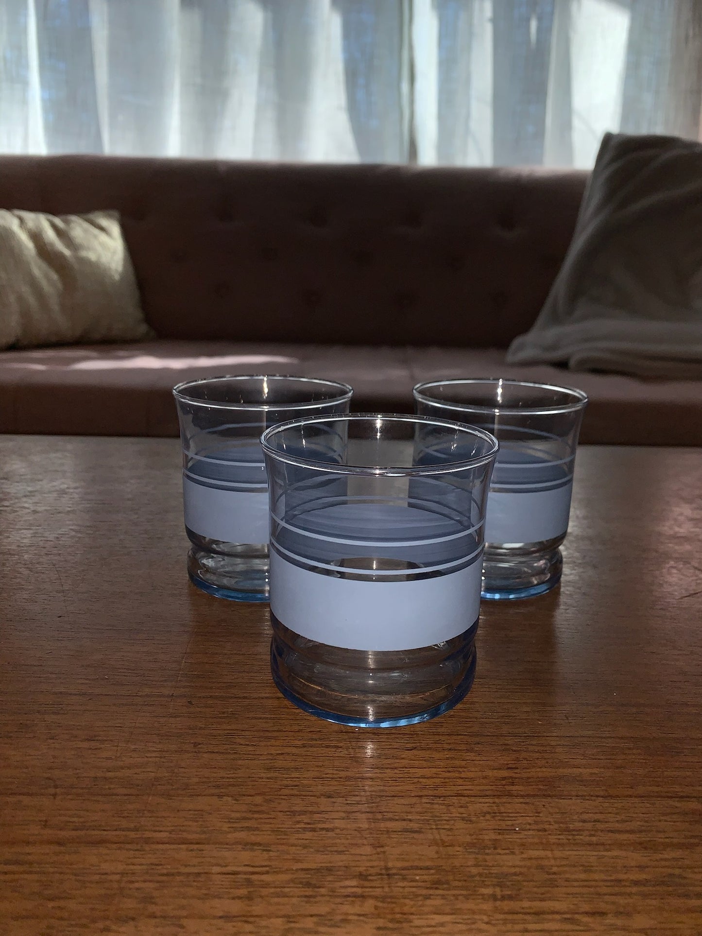 Libbey 12oz blue stripe flat tumblers (1996) priced individually, 3 available