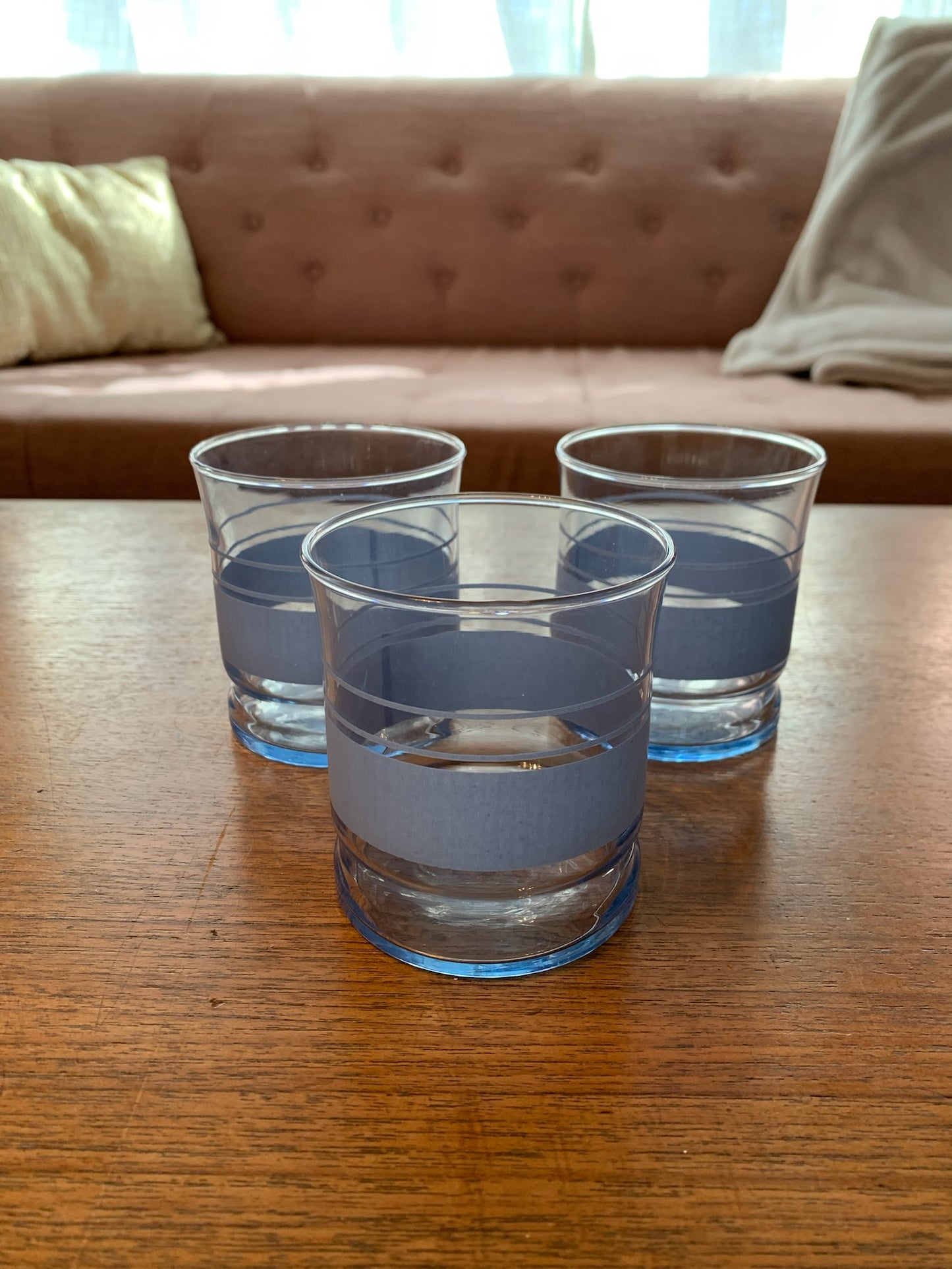 Libbey 12oz blue stripe flat tumblers (1996) priced individually, 3 available