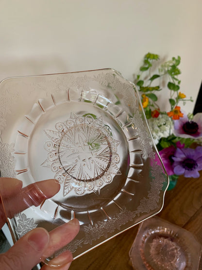 Poinsettia Pink Depression Glass saucers (1856) priced separately, 3 available