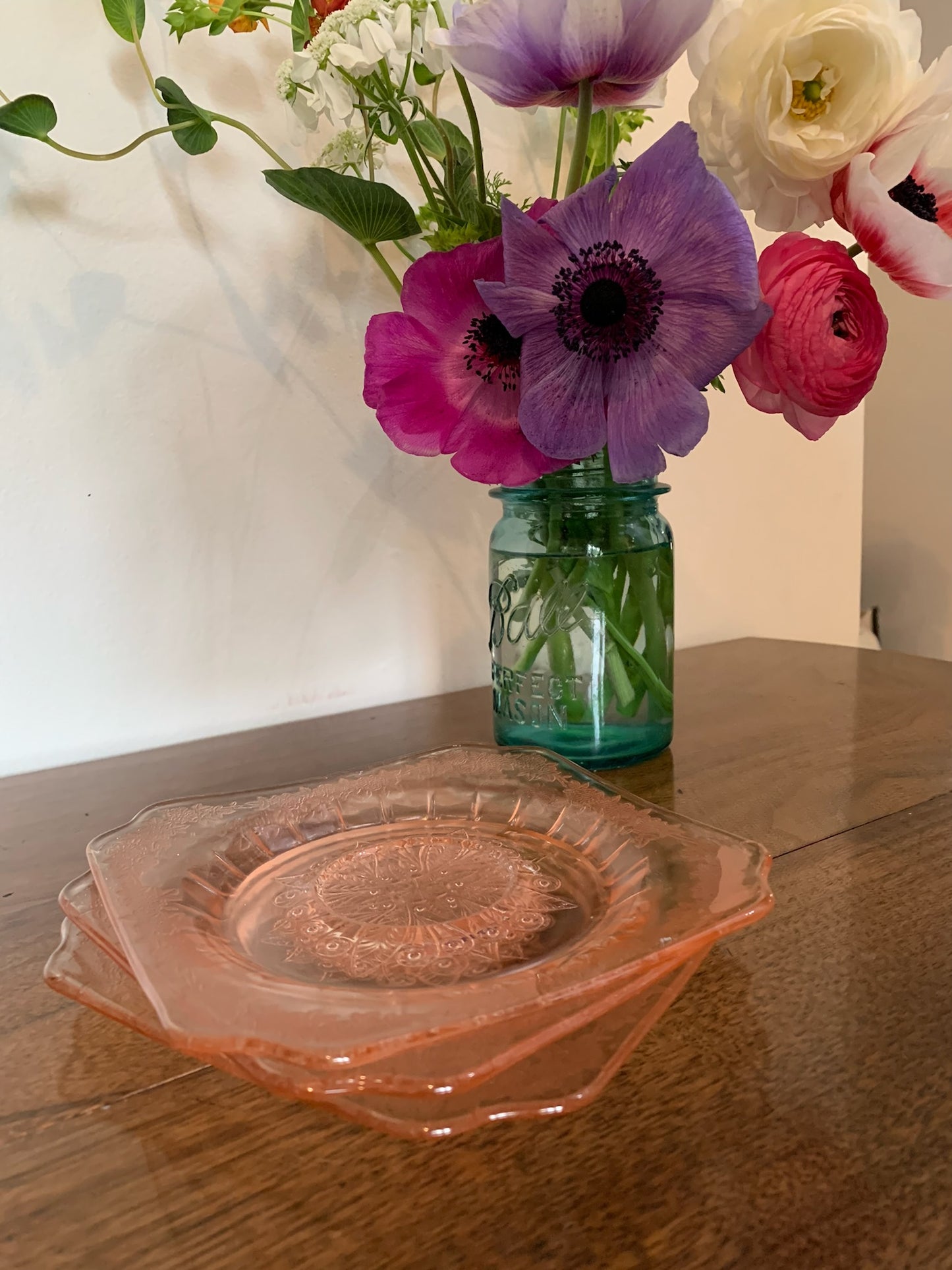 Poinsettia Pink Depression Glass saucers (1856) priced separately, 3 available