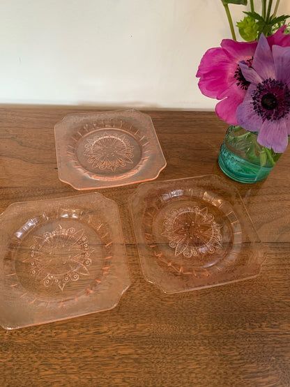 Poinsettia Pink Depression Glass saucers (1856) priced separately, 3 available