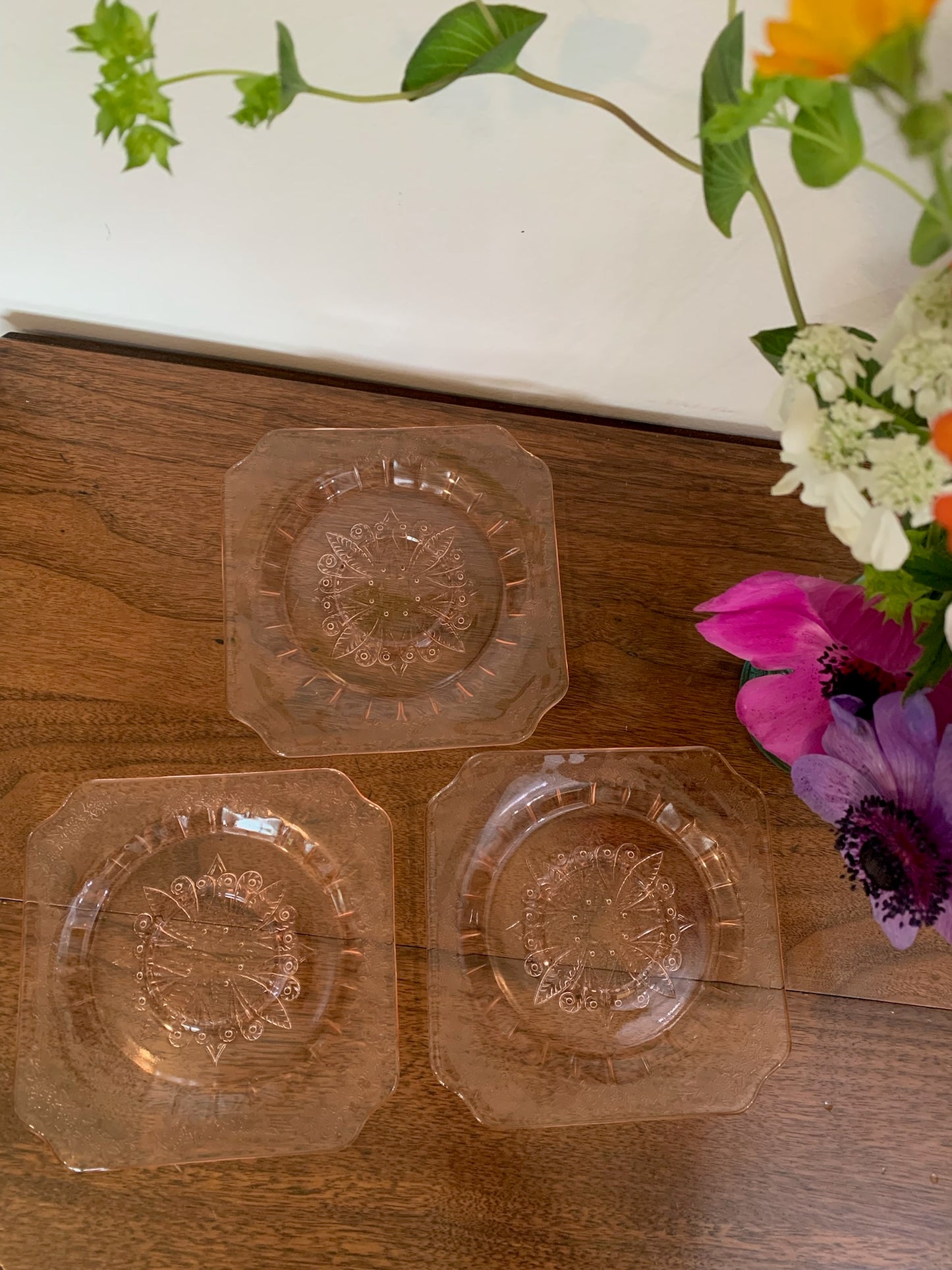 Poinsettia Pink Depression Glass saucers (1856) priced separately, 3 available