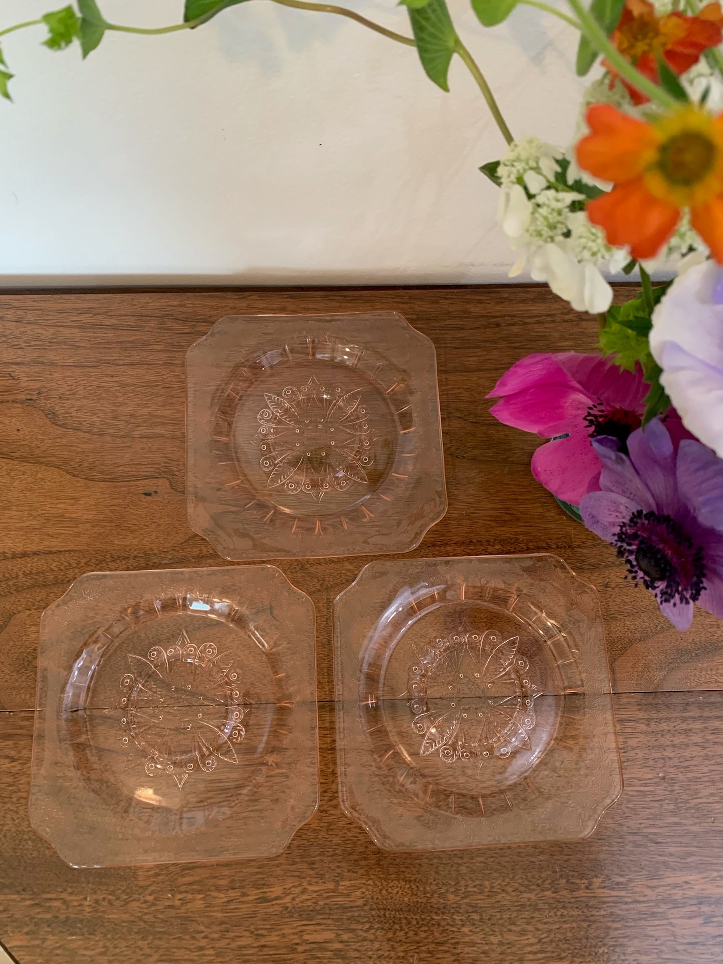 Poinsettia Pink Depression Glass saucers (1856) priced separately, 3 available