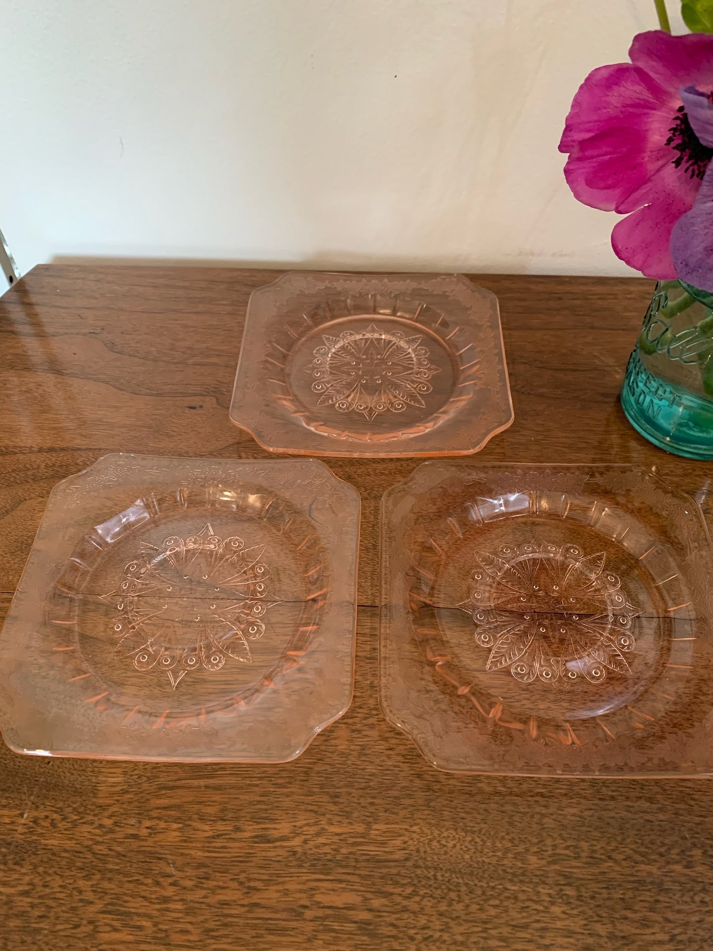 Poinsettia Pink Depression Glass saucers (1856) priced separately, 3 available