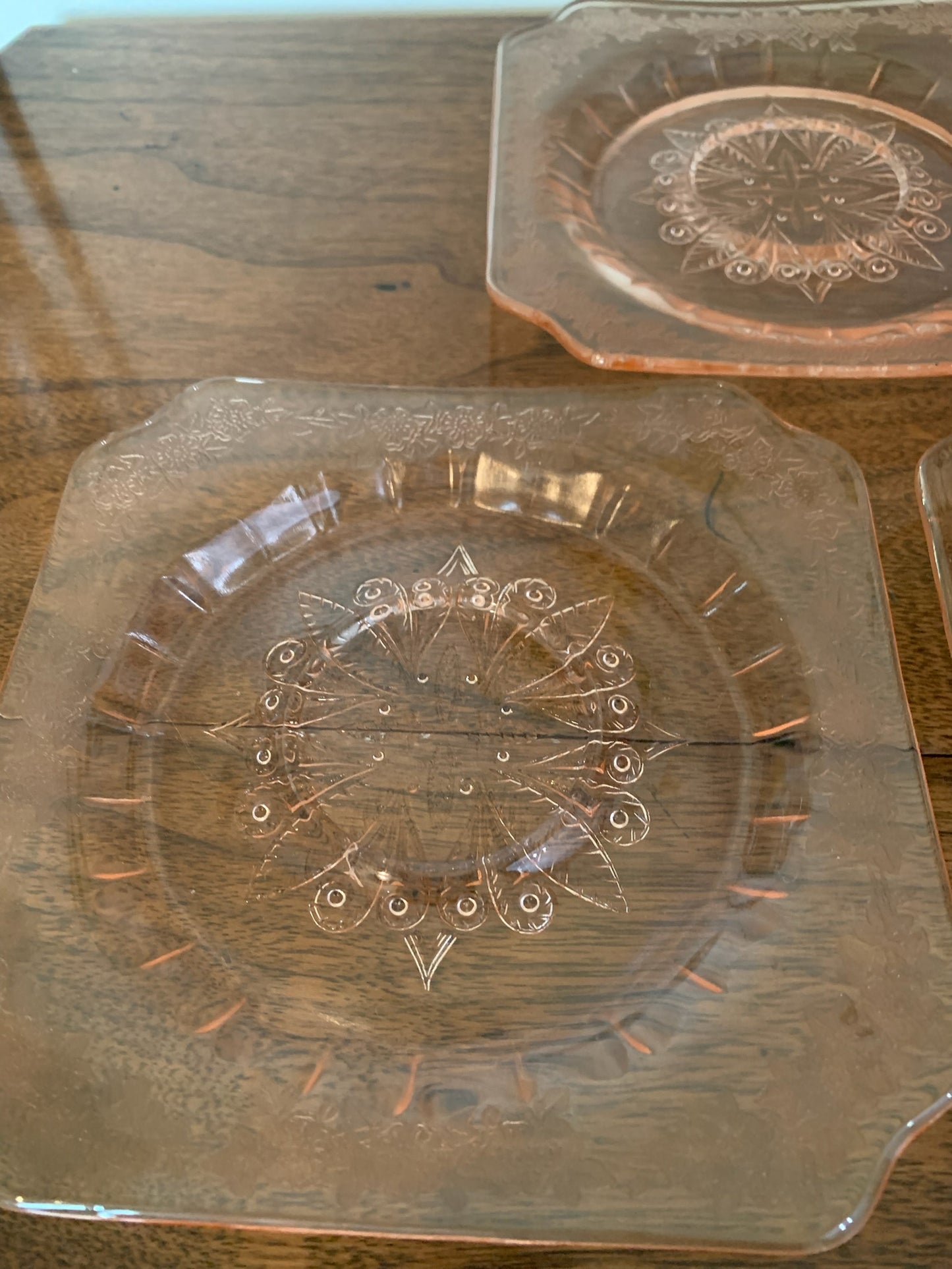 Poinsettia Pink Depression Glass saucers (1856) priced separately, 3 available