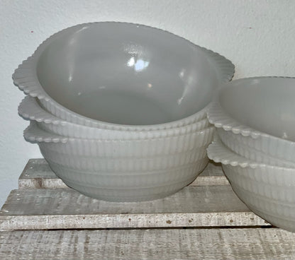 Milk Glass berry or salad bowl tab handled set (OTTV 2887) 1 large, 5 small, 6 total set