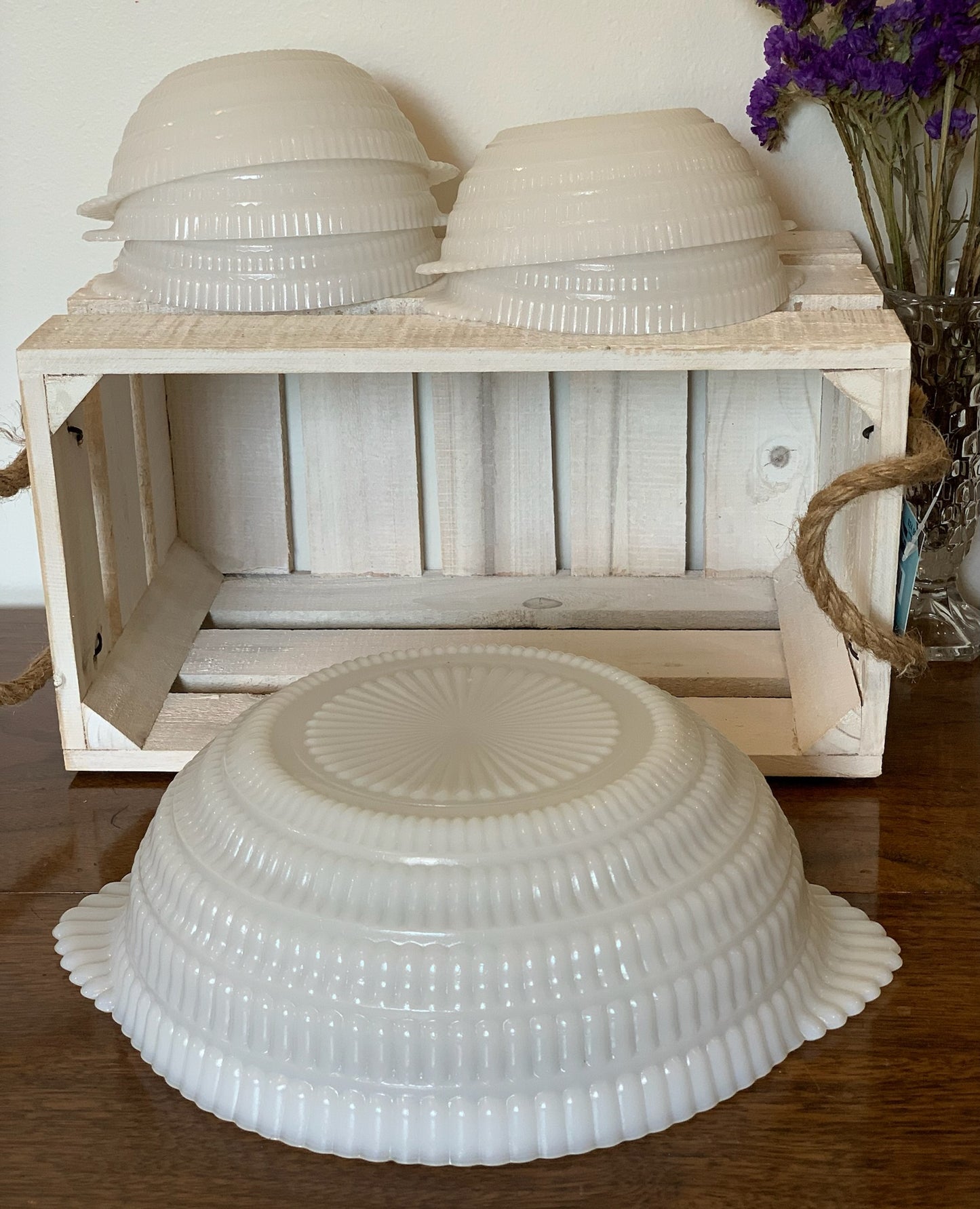 Milk Glass berry or salad bowl tab handled set (OTTV 2887) 1 large, 5 small, 6 total set